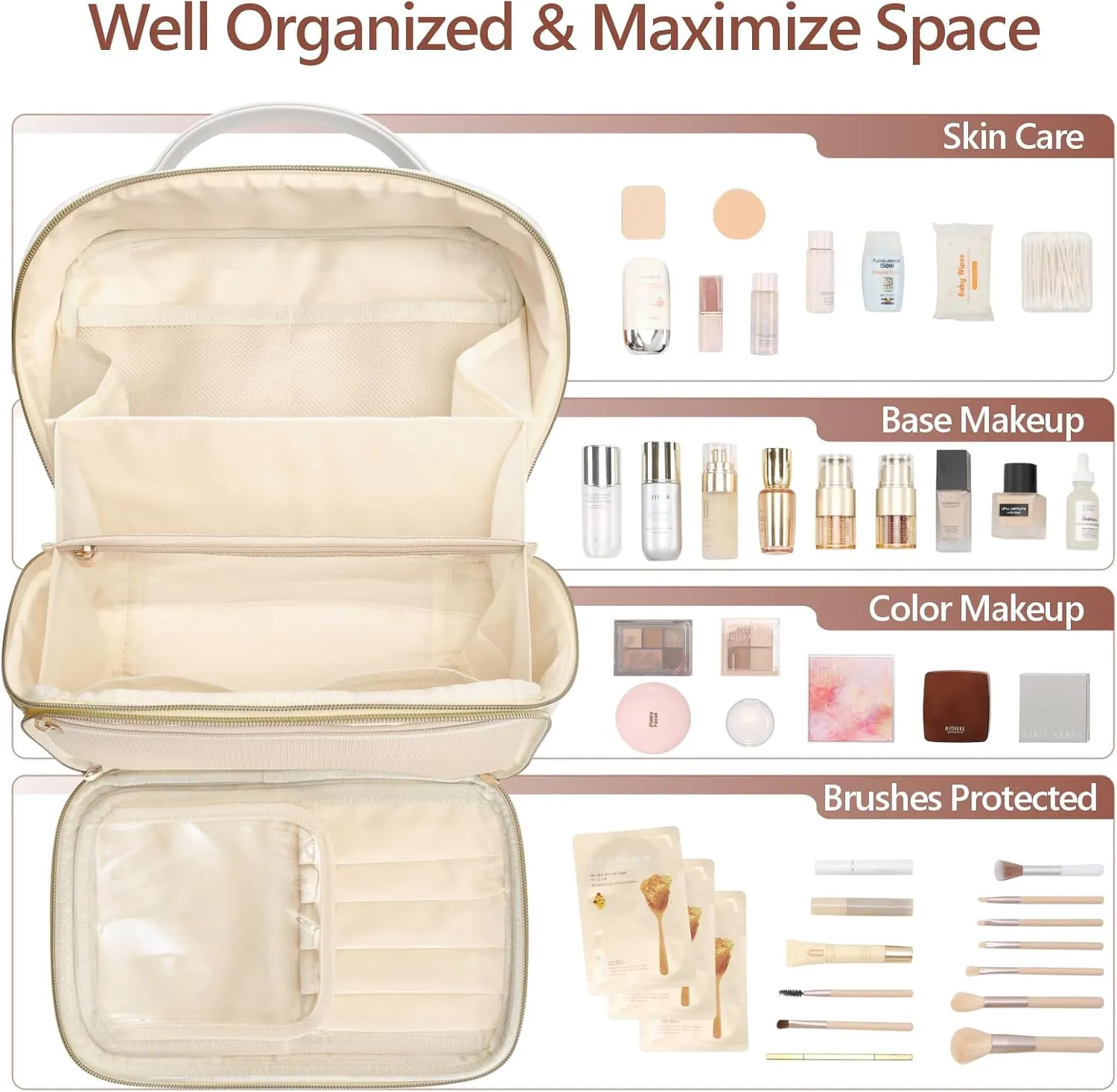 PACKISM PU Leather Makeup Bags for Women - Extra Large Makeup Bag for Travel with Stand-up Makeup Brush Storage for Easy Access, Open Flat Make Up Bag Fit Travel Bathroom Cruise, Cream (XL)