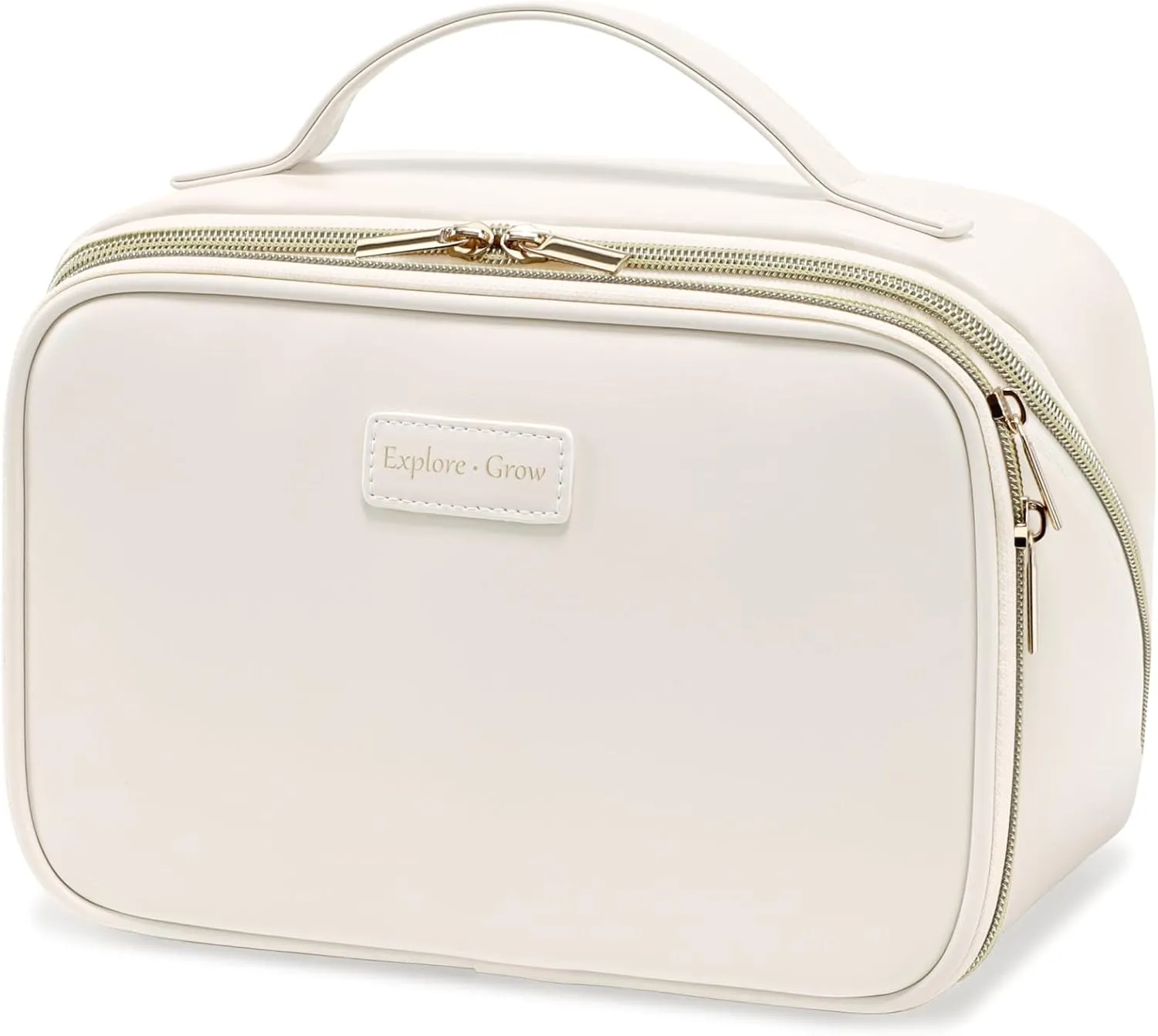 PACKISM PU Leather Makeup Bags for Women - Extra Large Makeup Bag for Travel with Stand-up Makeup Brush Storage for Easy Access, Open Flat Make Up Bag Fit Travel Bathroom Cruise, Cream (XL)