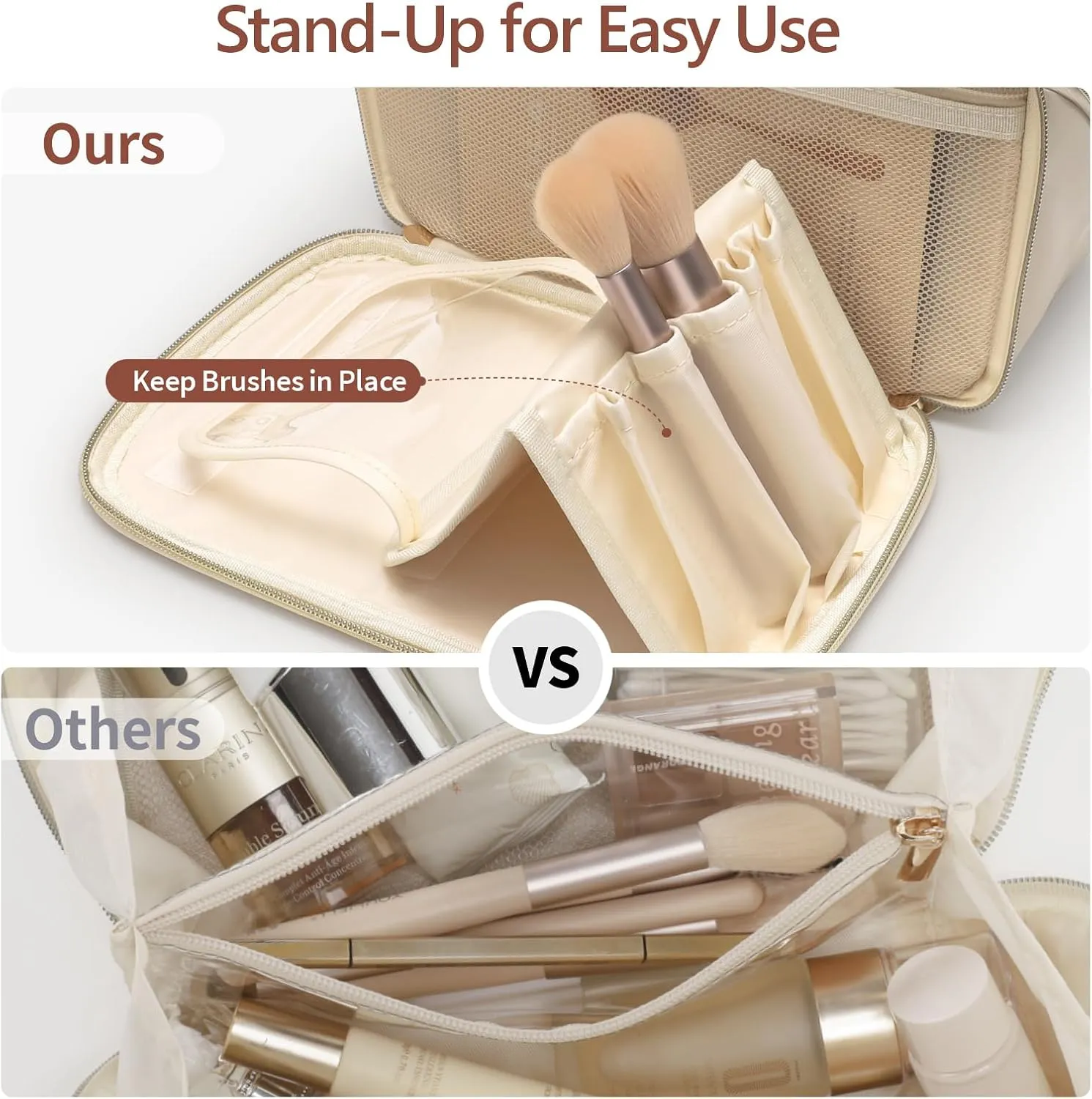 PACKISM PU Leather Makeup Bags for Women - Extra Large Makeup Bag for Travel with Stand-up Makeup Brush Storage for Easy Access, Open Flat Make Up Bag Fit Travel Bathroom Cruise, Cream (XL)