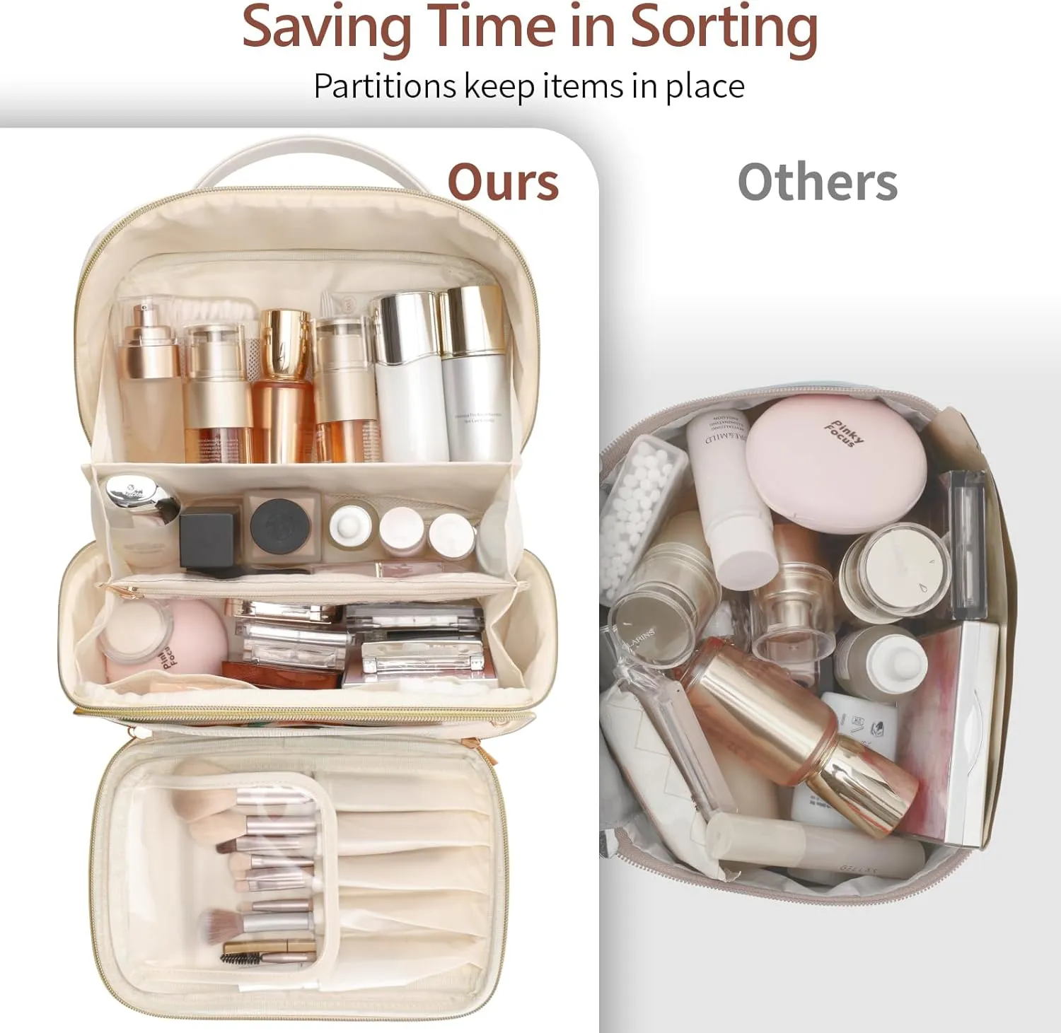 PACKISM PU Leather Makeup Bags for Women - Extra Large Makeup Bag for Travel with Stand-up Makeup Brush Storage for Easy Access, Open Flat Make Up Bag Fit Travel Bathroom Cruise, Cream (XL)