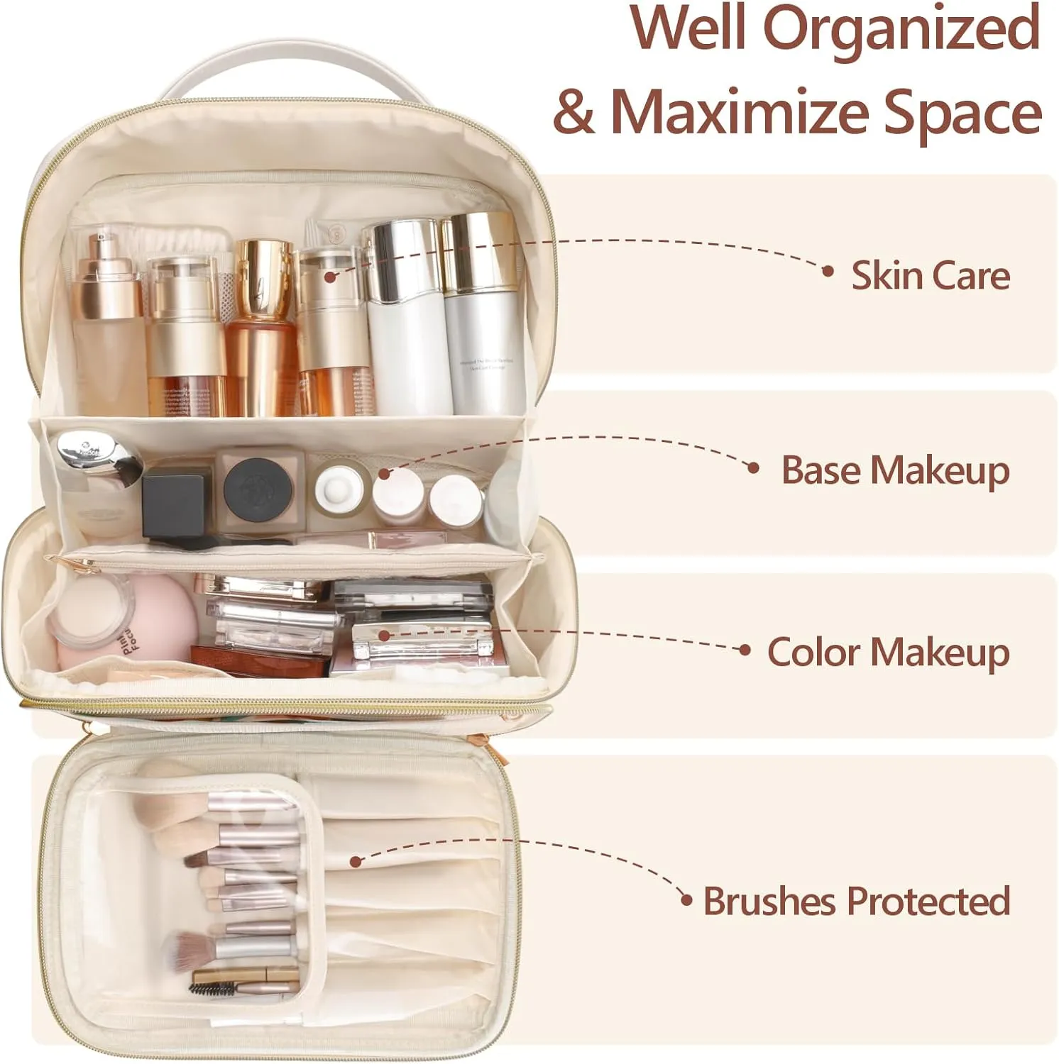 PACKISM PU Leather Makeup Bags for Women - Extra Large Makeup Bag for Travel with Stand-up Makeup Brush Storage for Easy Access, Open Flat Make Up Bag Fit Travel Bathroom Cruise, Cream (XL)