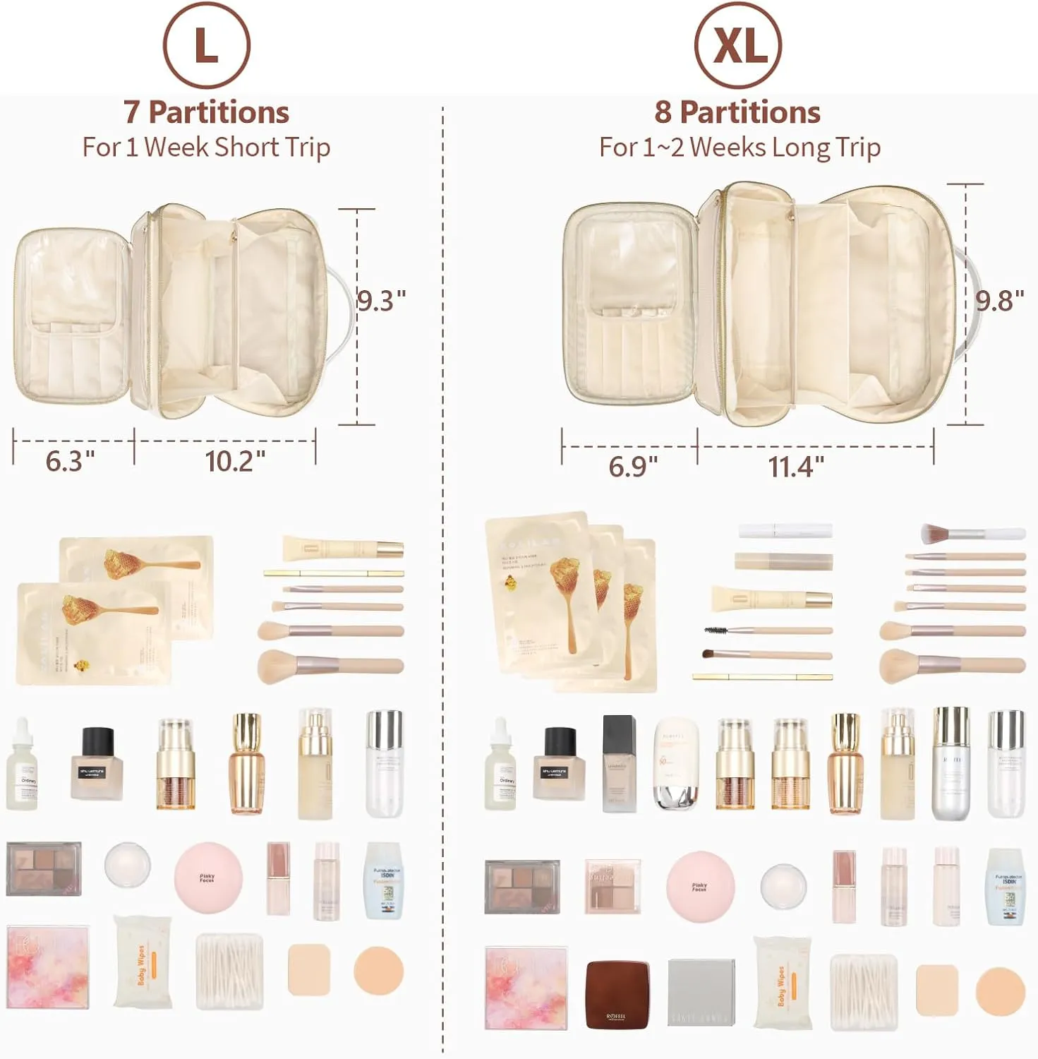 PACKISM PU Leather Makeup Bags for Women - Extra Large Makeup Bag for Travel with Stand-up Makeup Brush Storage for Easy Access, Open Flat Make Up Bag Fit Travel Bathroom Cruise, Cream (XL)