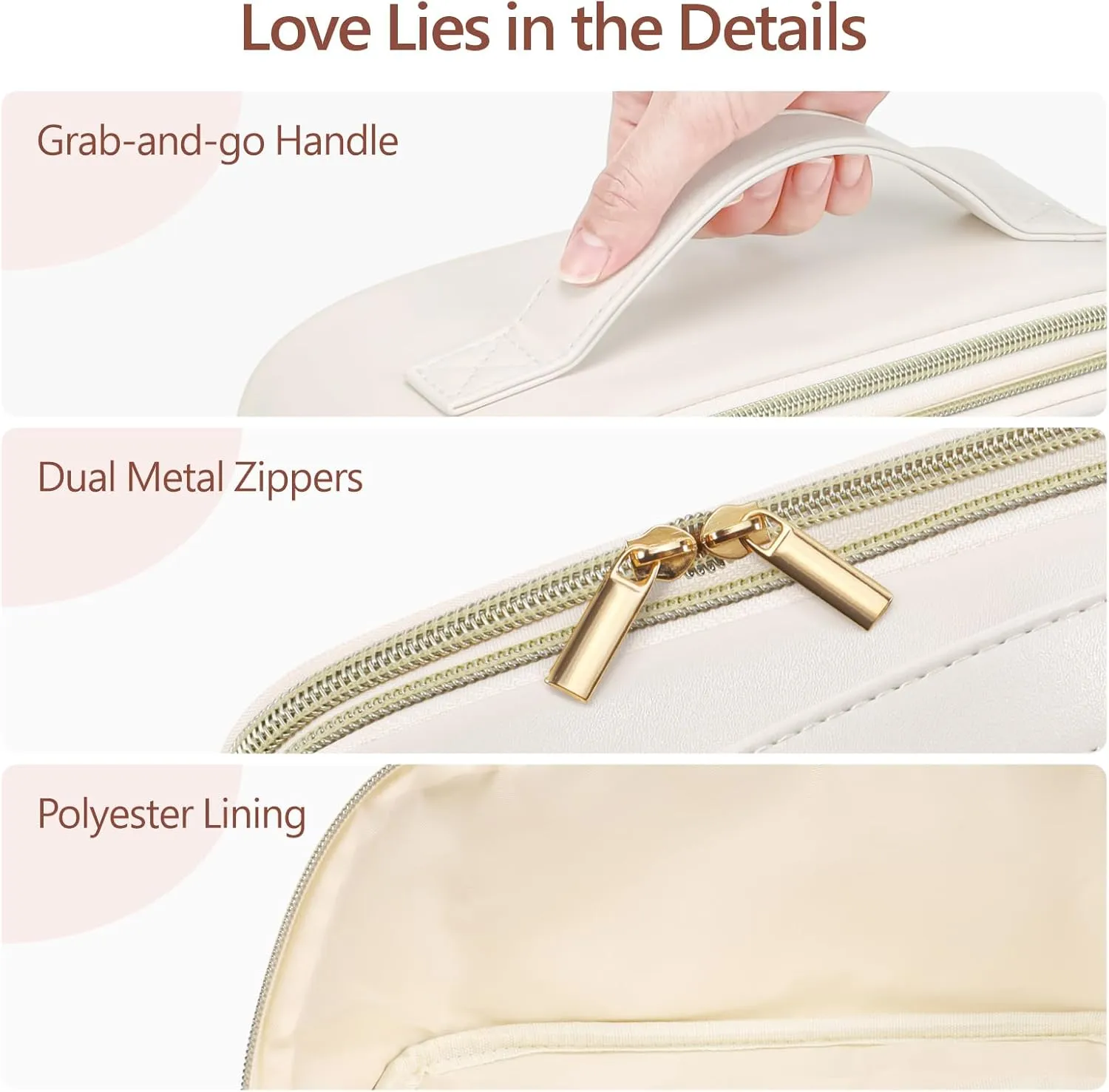 PACKISM PU Leather Makeup Bags for Women - Extra Large Makeup Bag for Travel with Stand-up Makeup Brush Storage for Easy Access, Open Flat Make Up Bag Fit Travel Bathroom Cruise, Cream (XL)