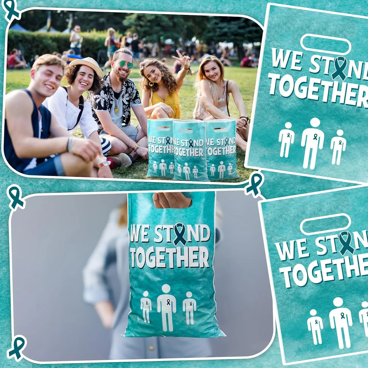 Panelee 100 Pcs Teal Ribbon Awareness Plastic Goody Bags with Handle Teal Awareness Gift Bag We Stand Together Treat Bags for PTSD, Anxiety Disorder, Fragile x Awareness Campaign Support Favor Decor