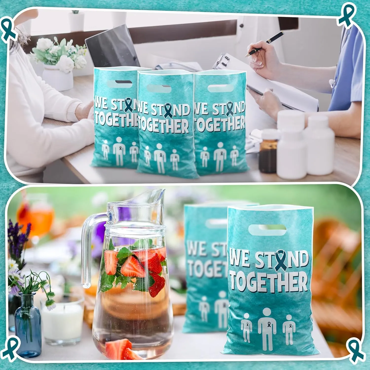 Panelee 100 Pcs Teal Ribbon Awareness Plastic Goody Bags with Handle Teal Awareness Gift Bag We Stand Together Treat Bags for PTSD, Anxiety Disorder, Fragile x Awareness Campaign Support Favor Decor