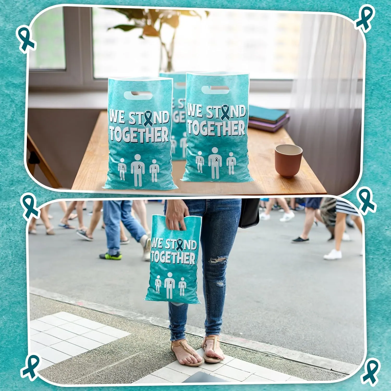 Panelee 100 Pcs Teal Ribbon Awareness Plastic Goody Bags with Handle Teal Awareness Gift Bag We Stand Together Treat Bags for PTSD, Anxiety Disorder, Fragile x Awareness Campaign Support Favor Decor