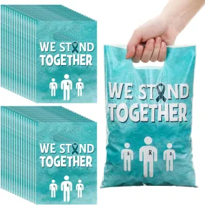 Panelee 100 Pcs Teal Ribbon Awareness Plastic Goody Bags with Handle Teal Awareness Gift Bag We Stand Together Treat Bags for PTSD, Anxiety Disorder, Fragile x Awareness Campaign Support Favor Decor