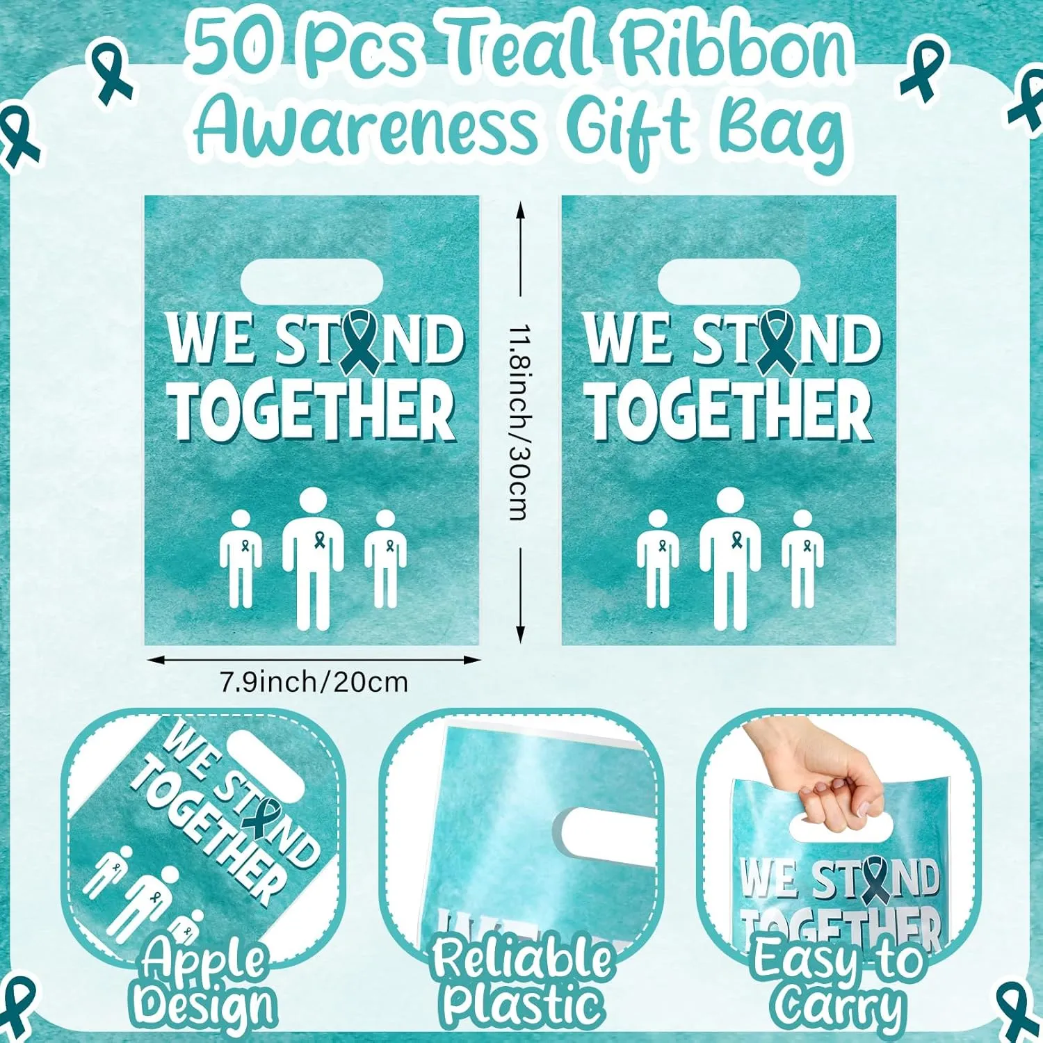 Panelee 100 Pcs Teal Ribbon Awareness Plastic Goody Bags with Handle Teal Awareness Gift Bag We Stand Together Treat Bags for PTSD, Anxiety Disorder, Fragile x Awareness Campaign Support Favor Decor