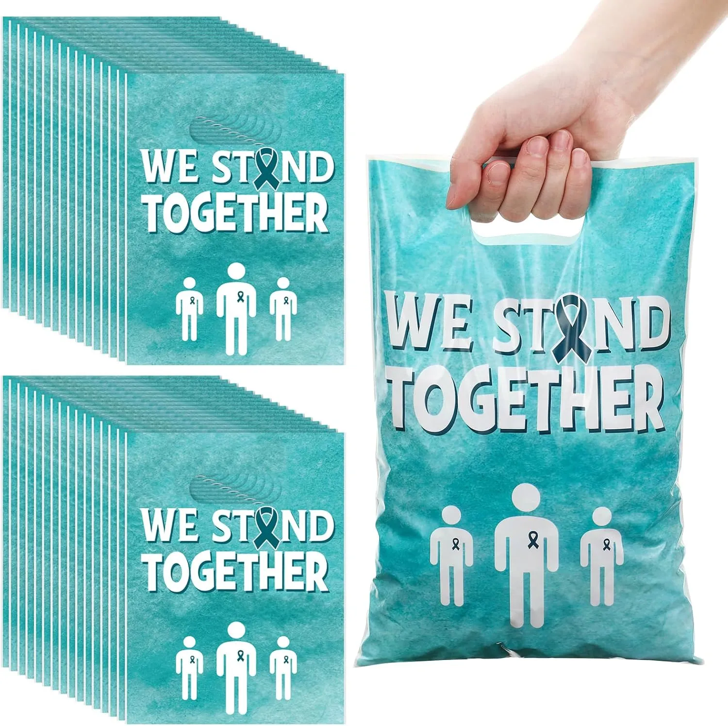 Panelee 100 Pcs Teal Ribbon Awareness Plastic Goody Bags with Handle Teal Awareness Gift Bag We Stand Together Treat Bags for PTSD, Anxiety Disorder, Fragile x Awareness Campaign Support Favor Decor