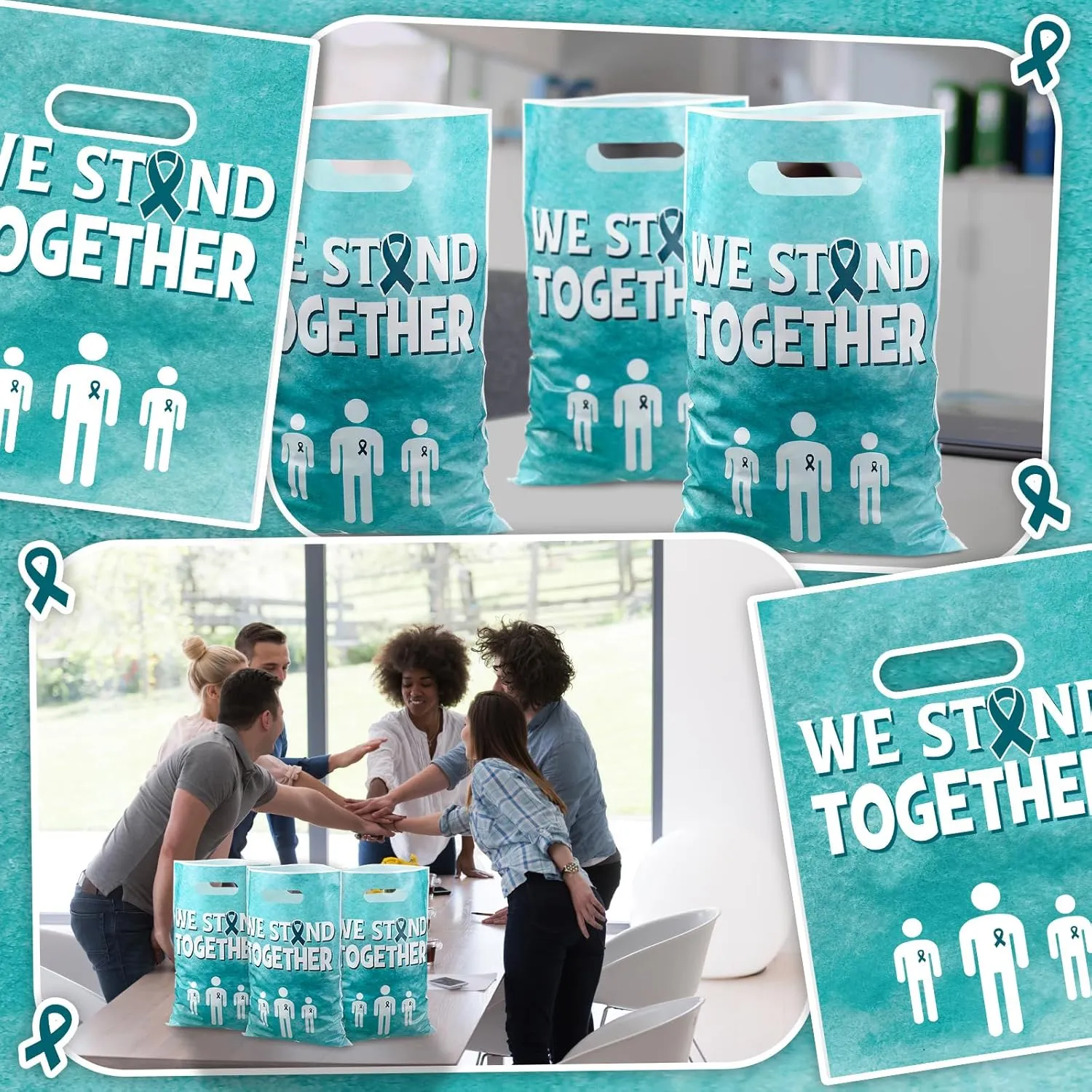 Panelee 100 Pcs Teal Ribbon Awareness Plastic Goody Bags with Handle Teal Awareness Gift Bag We Stand Together Treat Bags for PTSD, Anxiety Disorder, Fragile x Awareness Campaign Support Favor Decor