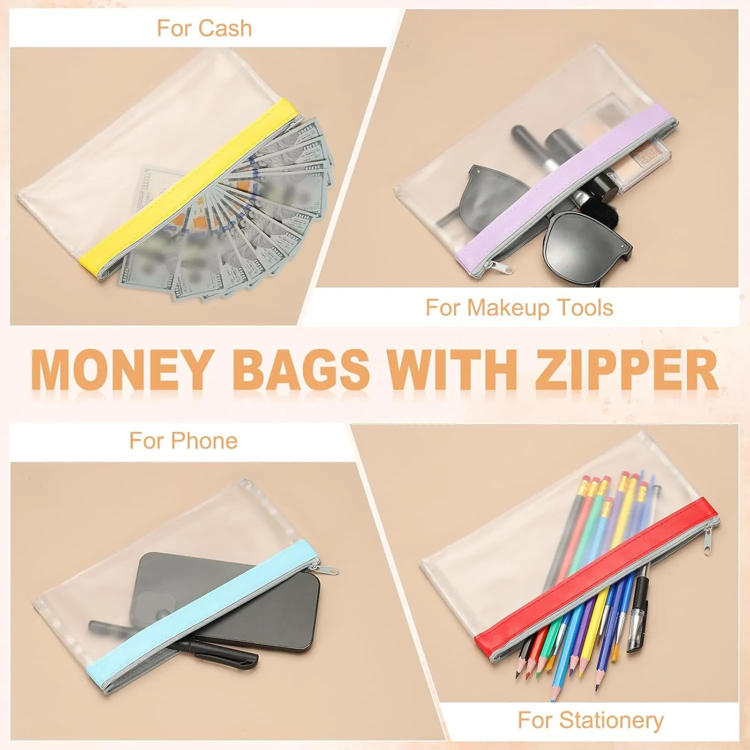 PATIKIL 8.7x3.9 Inch Money Bags with Zipper, 6 Pcs Clear PVC Cash Deposit Bank Pouch Envelopes Makeup Bag Check Wallet for Coin Cosmetics Bill, Beige