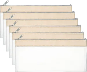 PATIKIL 8.7x3.9 Inch Money Bags with Zipper, 6 Pcs Clear PVC Cash Deposit Bank Pouch Envelopes Makeup Bag Check Wallet for Coin Cosmetics Bill, Beige