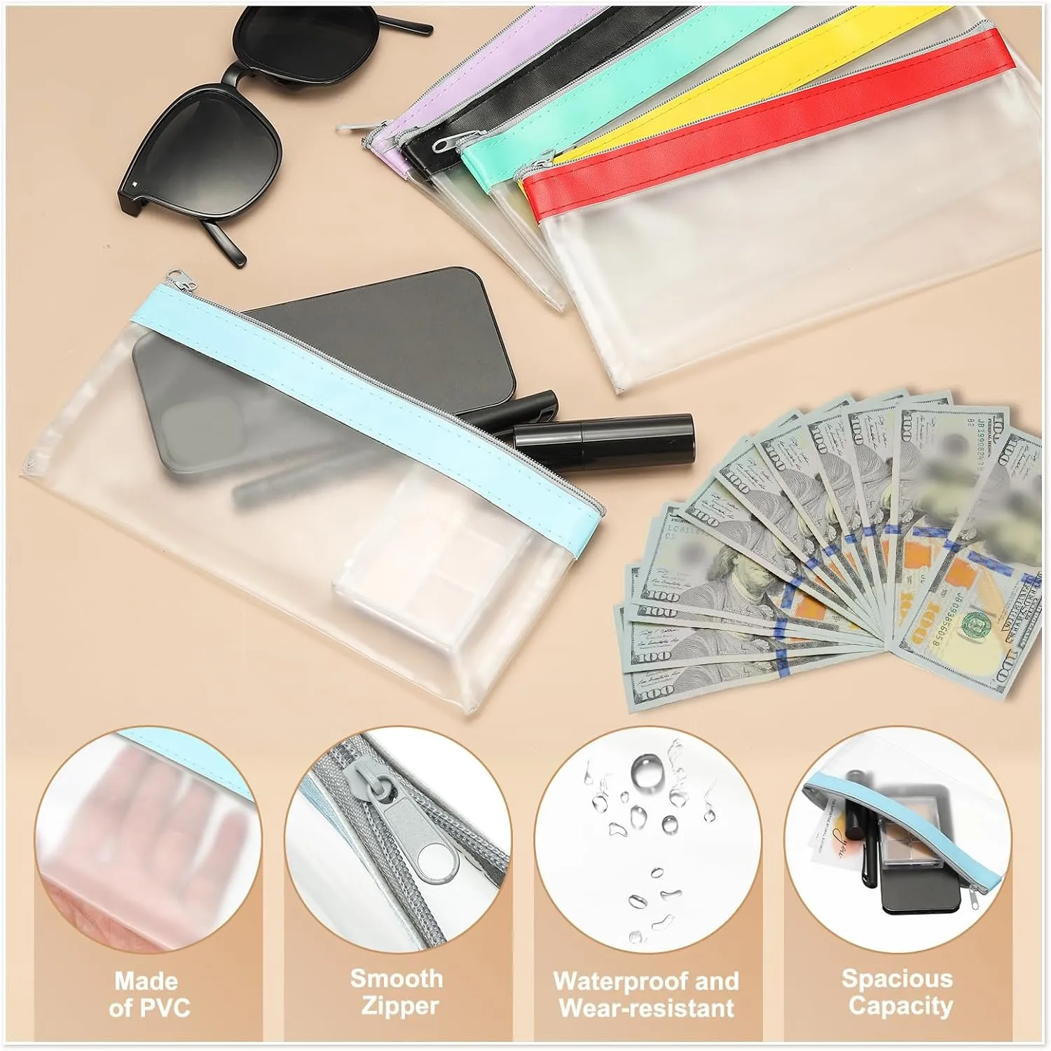 PATIKIL 8.7x3.9 Inch Money Bags with Zipper, 6 Pcs Clear PVC Cash Deposit Bank Pouch Envelopes Makeup Bag Check Wallet for Coin Cosmetics Bill, Beige