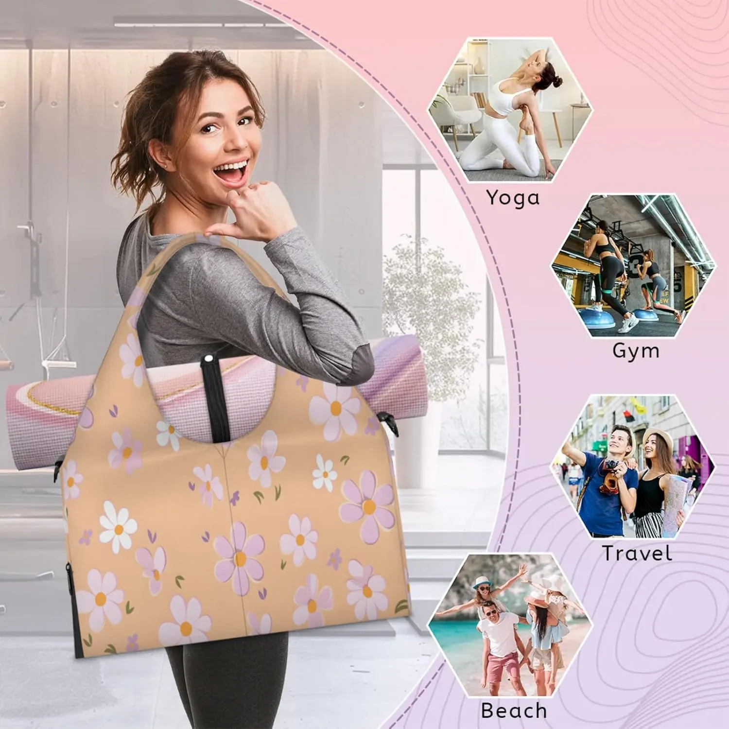 Peachy Posies Waterproof Gym Bag for Men Women, Sports Duffel Bag with Shoe Compartment Yoga Mat Holder, Portable Large Travel Bag for Fitness, Camping, Weekend Trips