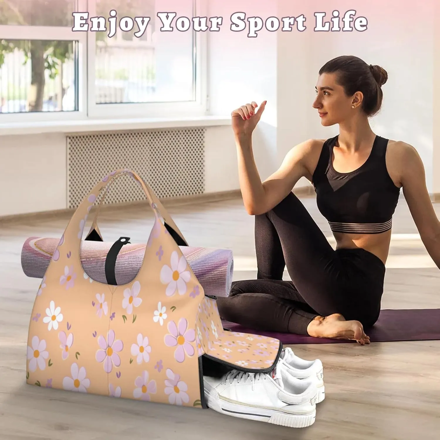 Peachy Posies Waterproof Gym Bag for Men Women, Sports Duffel Bag with Shoe Compartment Yoga Mat Holder, Portable Large Travel Bag for Fitness, Camping, Weekend Trips