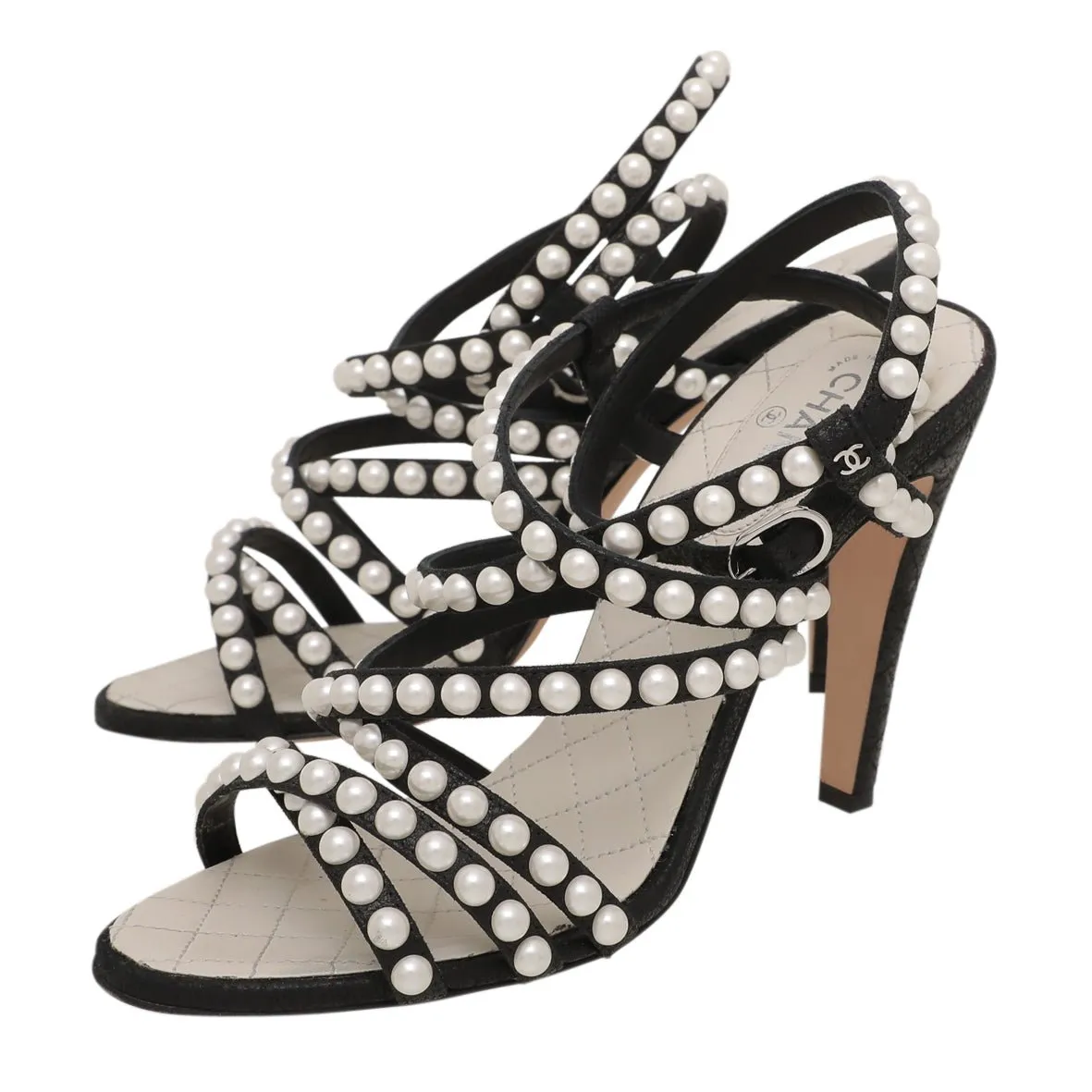 Pearl Bicolor International shipping Chanel 38 Ankle Strappy Special promotion Studded Sandals Strap
