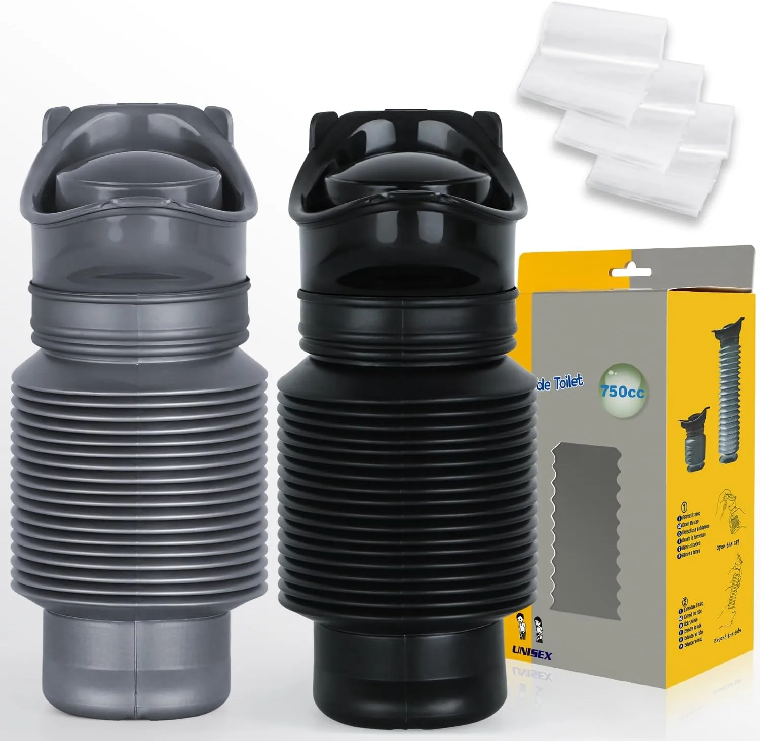 Pee Bottles For Men,Collapsible Urine Bottle With Disposable Replacement Bags,Car Pee Bottle For Men And Women,750ml,Leakproof,2-Piece Set Emergency Urinal For Road Trips,Traffic Jams And Camping