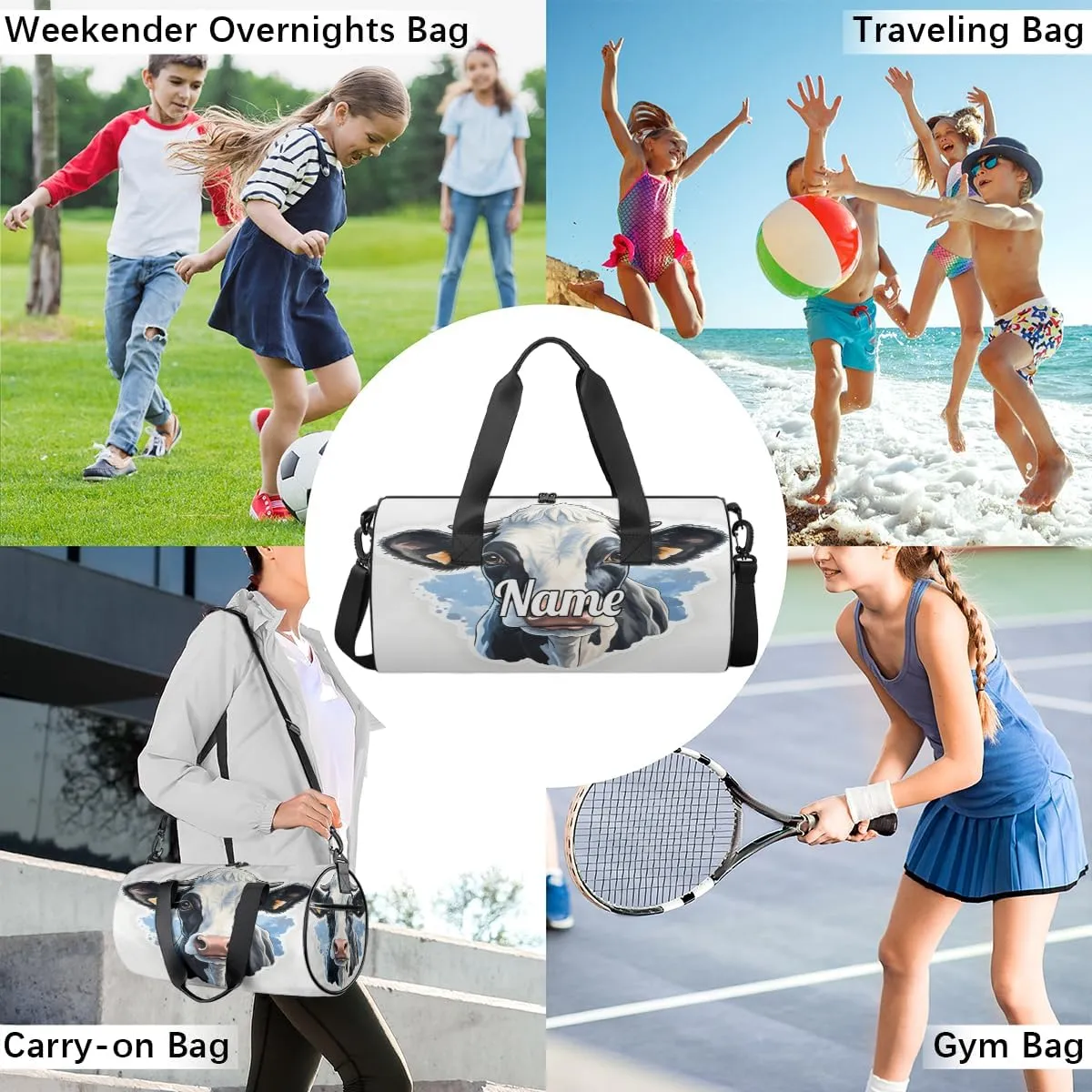 Personalized Dance Bag Gymnastics Sport Duffel Bag Custom Ballet Bags Overnight Weekender Bag Waterproof Cheerleader Bag, Cow Animal