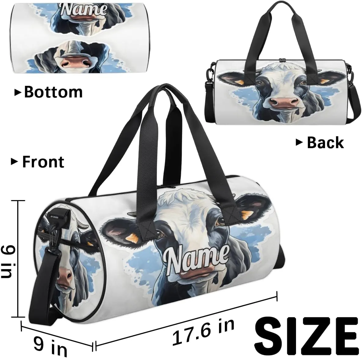 Personalized Dance Bag Gymnastics Sport Duffel Bag Custom Ballet Bags Overnight Weekender Bag Waterproof Cheerleader Bag, Cow Animal