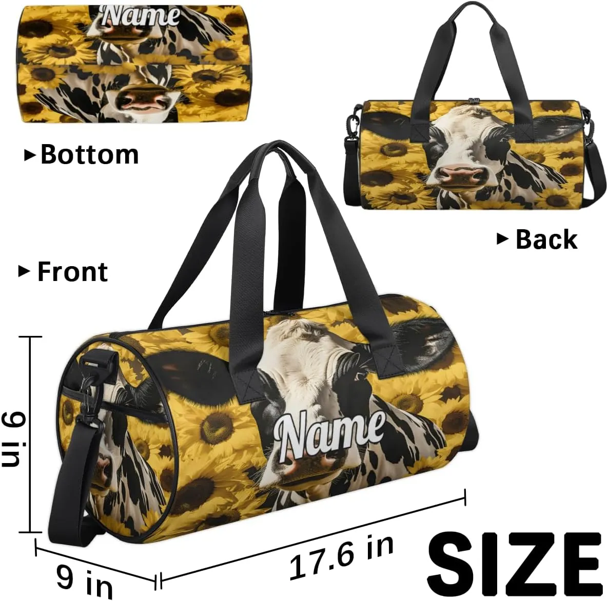 Personalized Dance Bag Gymnastics Sport Duffel Bag Custom Ballet Bags Overnight Weekender Bag Waterproof Cheerleader Bag, Cow Sunflower