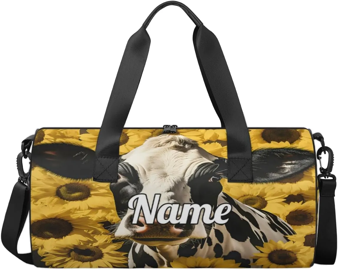 Personalized Dance Bag Gymnastics Sport Duffel Bag Custom Ballet Bags Overnight Weekender Bag Waterproof Cheerleader Bag, Cow Sunflower
