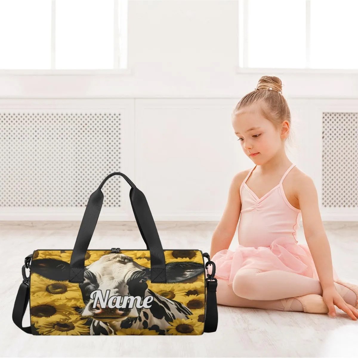 Personalized Dance Bag Gymnastics Sport Duffel Bag Custom Ballet Bags Overnight Weekender Bag Waterproof Cheerleader Bag, Cow Sunflower
