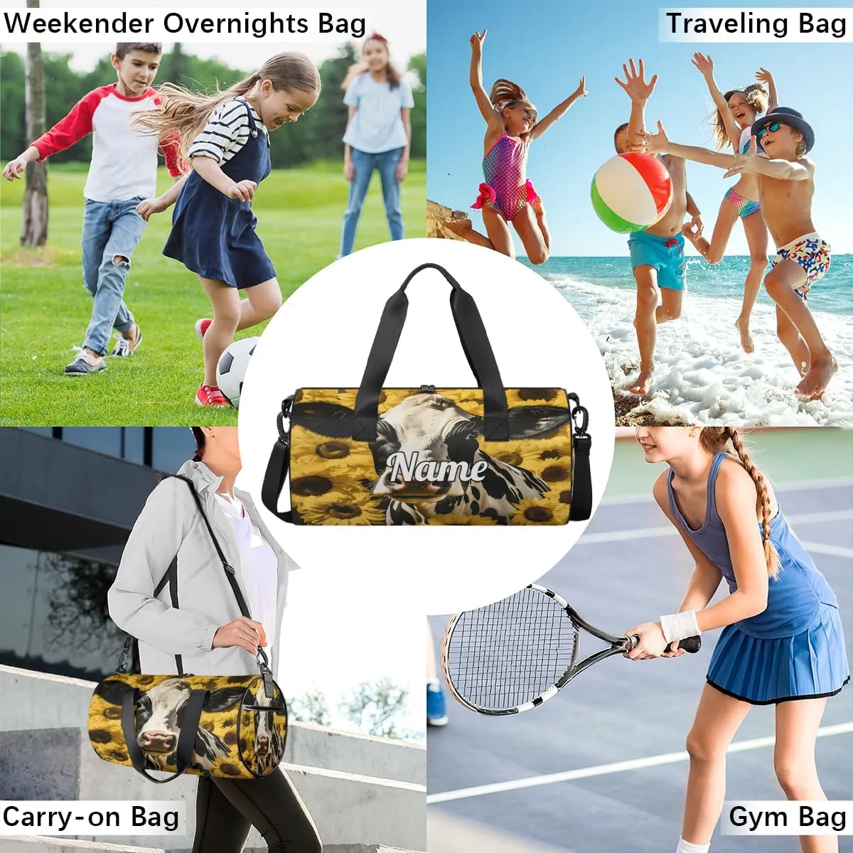 Personalized Dance Bag Gymnastics Sport Duffel Bag Custom Ballet Bags Overnight Weekender Bag Waterproof Cheerleader Bag, Cow Sunflower