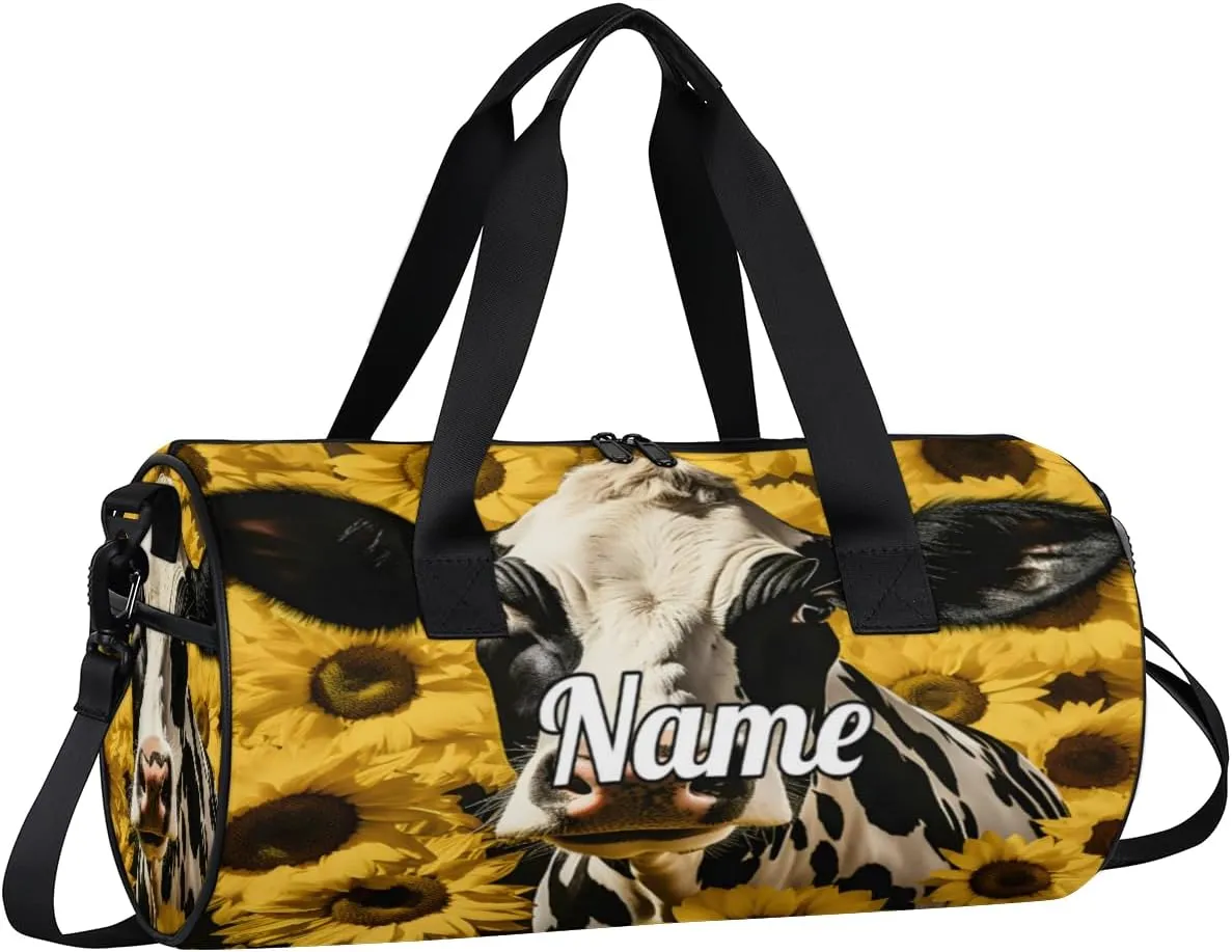 Personalized Dance Bag Gymnastics Sport Duffel Bag Custom Ballet Bags Overnight Weekender Bag Waterproof Cheerleader Bag, Cow Sunflower