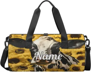 Personalized Dance Bag Gymnastics Sport Duffel Bag Custom Ballet Bags Overnight Weekender Bag Waterproof Cheerleader Bag, Cow Sunflower