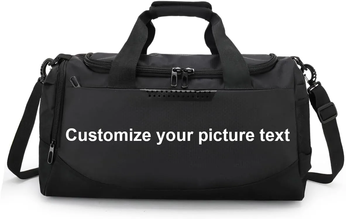 Personalized Duffle Bag with Customized Image Text Gym Bag for Women Men with Shoes Compartment (black)