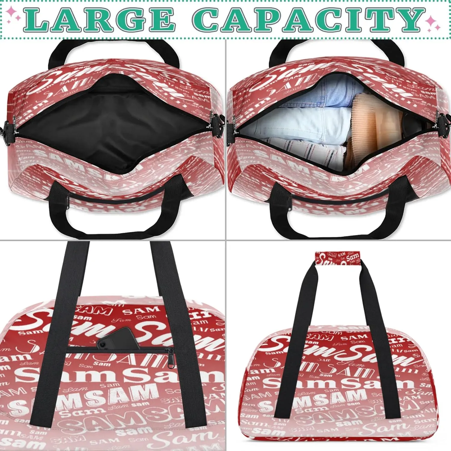 Personalized Name Gym Duffel Bag, Custom Sport Duffle Bags, Custom Overnight Weekender Bag Travel Bag for Dance Cheer Gymnastics Swimming, Deep Red Gradient