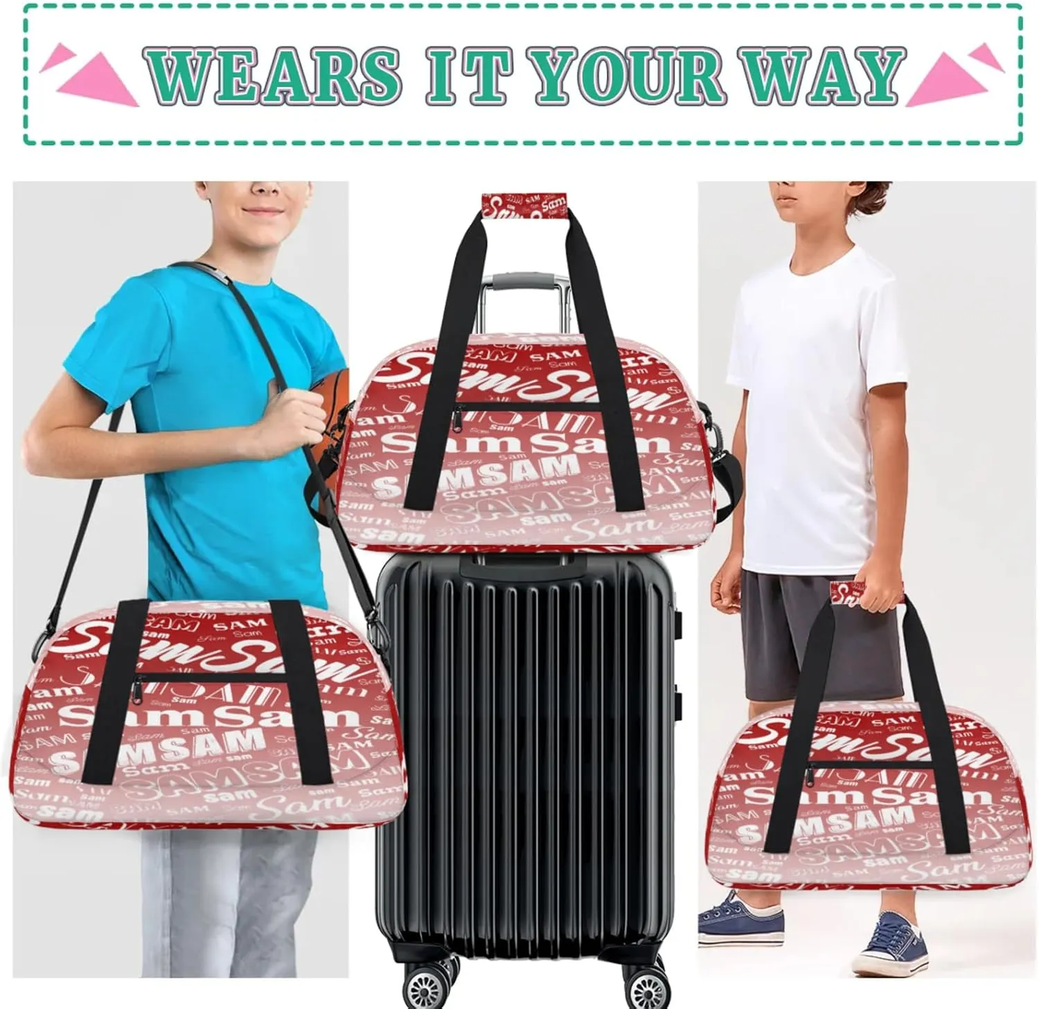 Personalized Name Gym Duffel Bag, Custom Sport Duffle Bags, Custom Overnight Weekender Bag Travel Bag for Dance Cheer Gymnastics Swimming, Deep Red Gradient