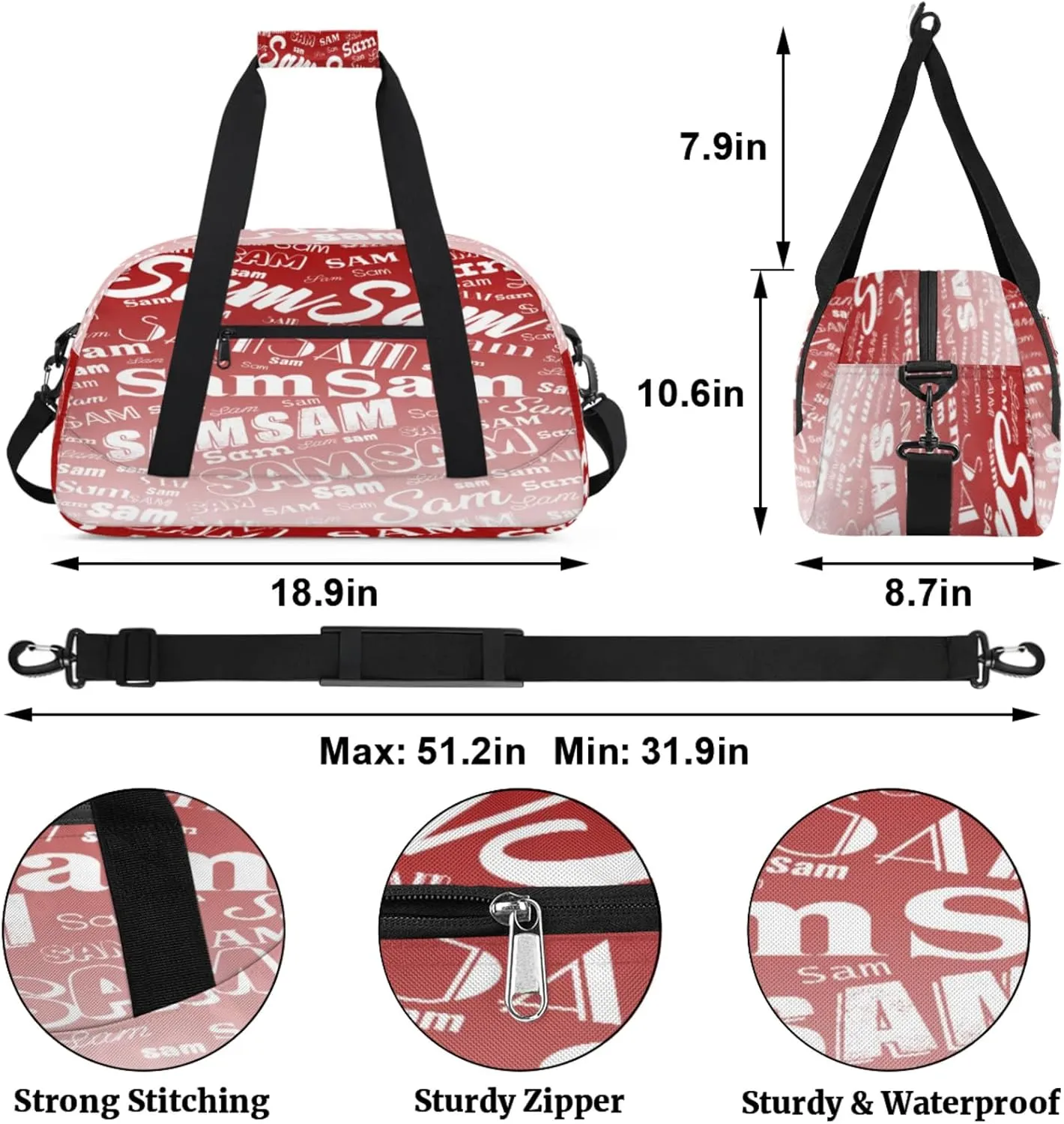 Personalized Name Gym Duffel Bag, Custom Sport Duffle Bags, Custom Overnight Weekender Bag Travel Bag for Dance Cheer Gymnastics Swimming, Deep Red Gradient