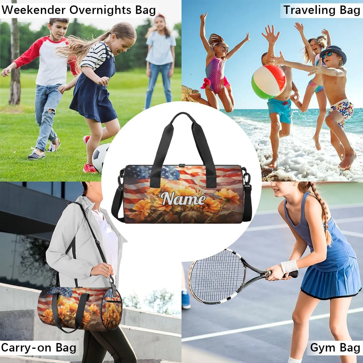 Personalized Sport Gym Bag Dance Duffle Ballet Bag Overnight Travel Sleepover Bags Swimming Hiking Camping, 4th of July Flower Pattern