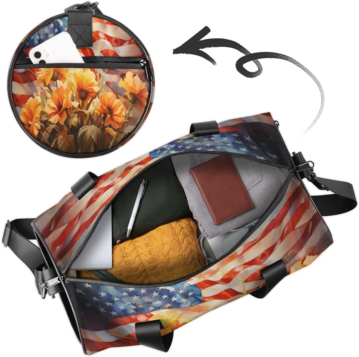 Personalized Sport Gym Bag Dance Duffle Ballet Bag Overnight Travel Sleepover Bags Swimming Hiking Camping, 4th of July Flower Pattern