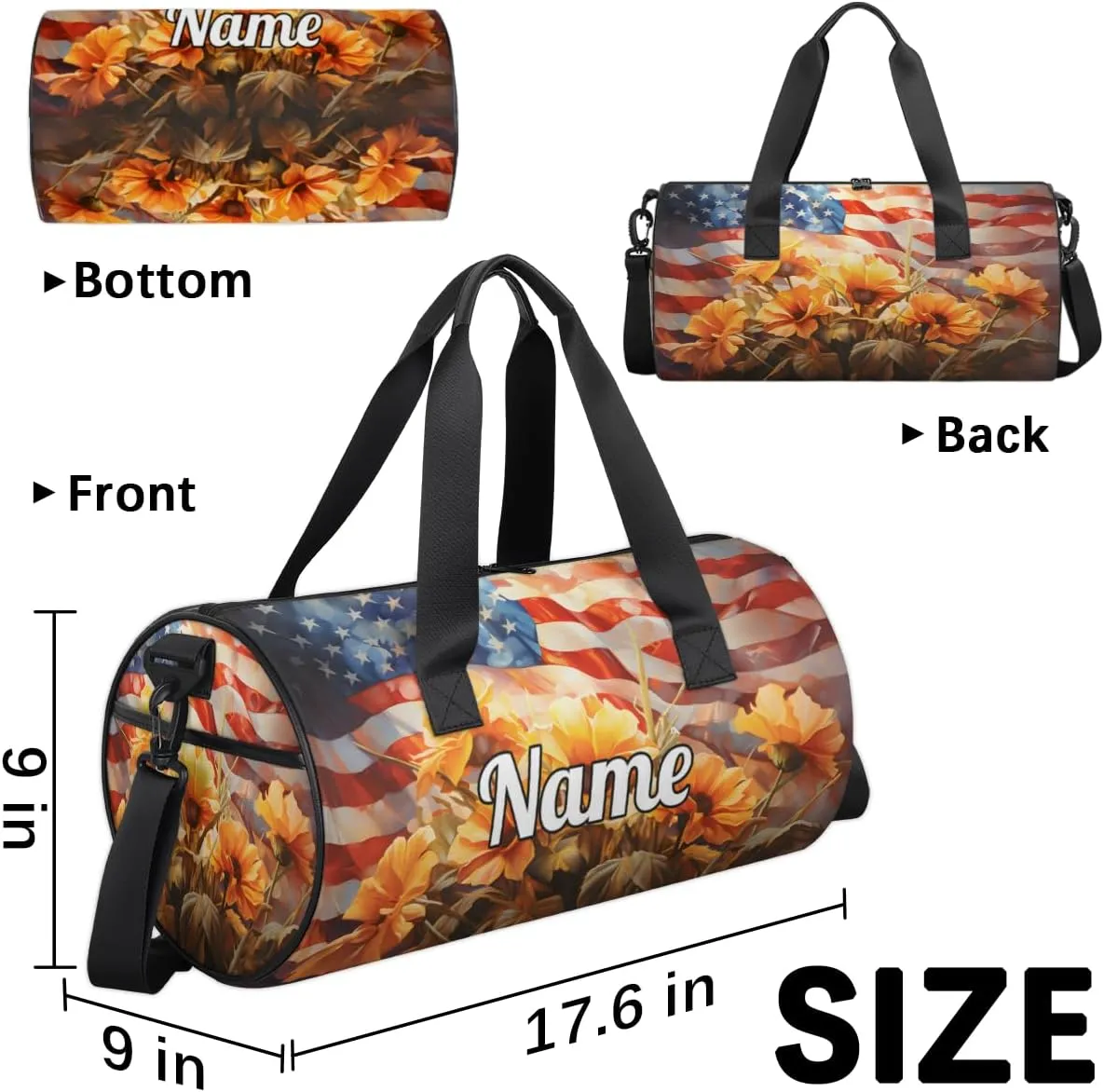 Personalized Sport Gym Bag Dance Duffle Ballet Bag Overnight Travel Sleepover Bags Swimming Hiking Camping, 4th of July Flower Pattern