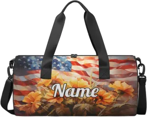 Personalized Sport Gym Bag Dance Duffle Ballet Bag Overnight Travel Sleepover Bags Swimming Hiking Camping, 4th of July Flower Pattern