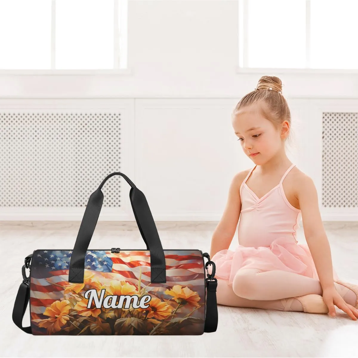 Personalized Sport Gym Bag Dance Duffle Ballet Bag Overnight Travel Sleepover Bags Swimming Hiking Camping, 4th of July Flower Pattern