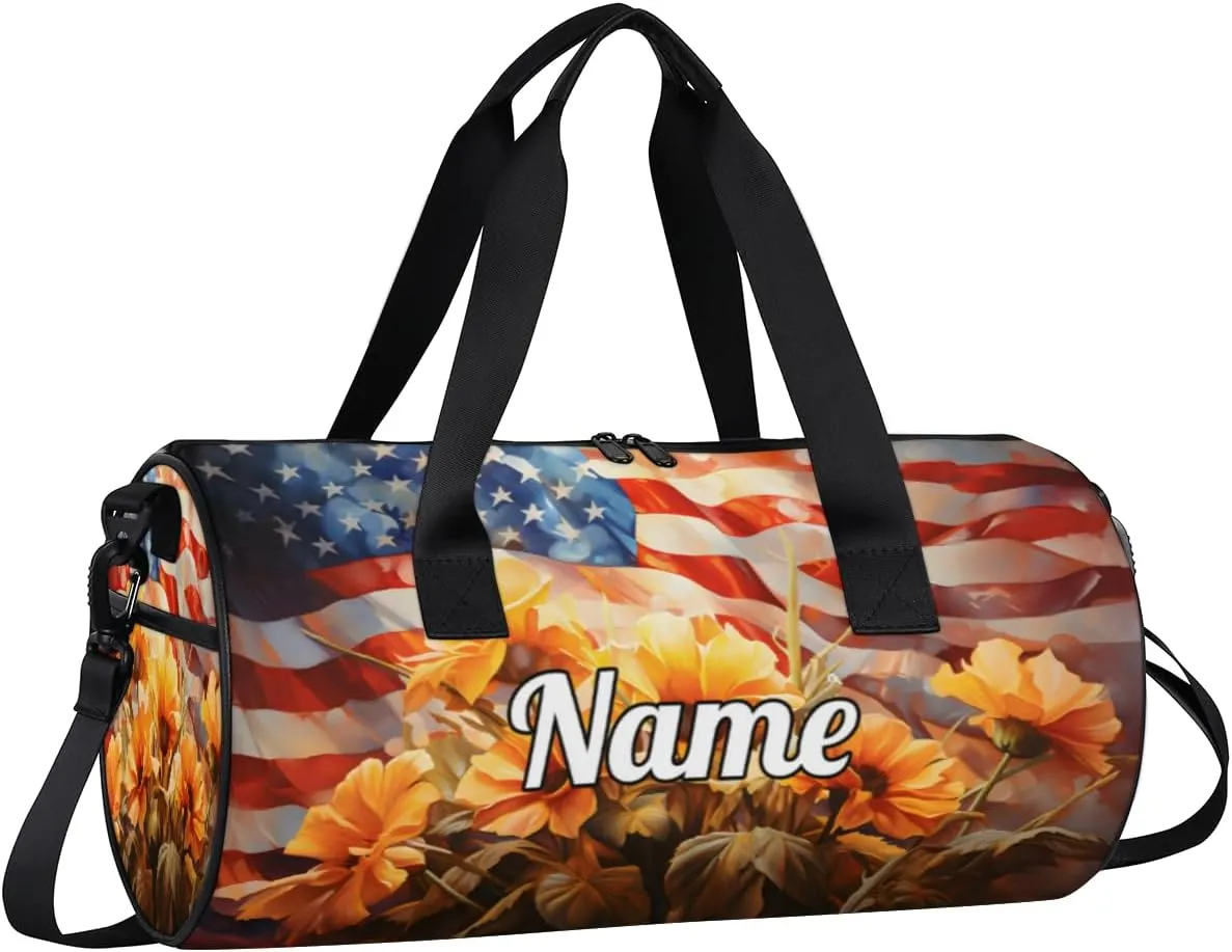 Personalized Sport Gym Bag Dance Duffle Ballet Bag Overnight Travel Sleepover Bags Swimming Hiking Camping, 4th of July Flower Pattern