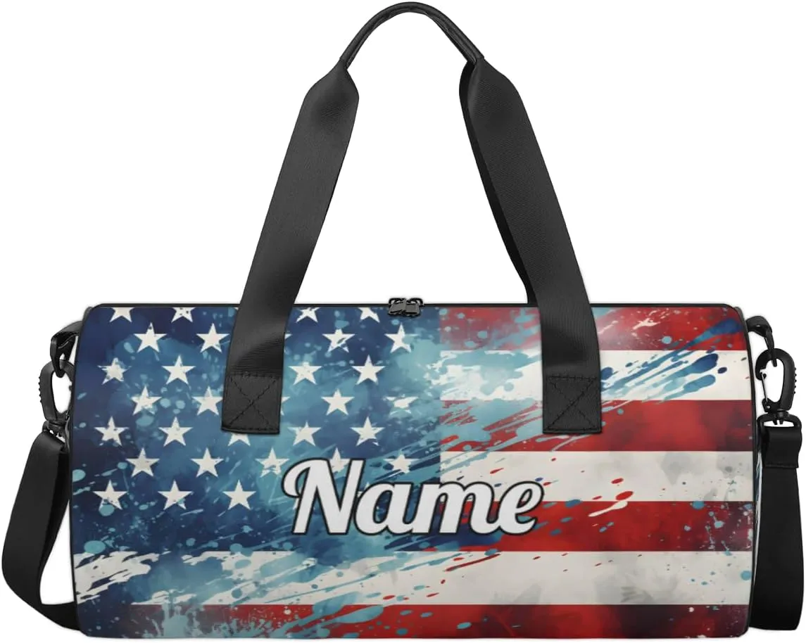 Personalized Sport Gym Bag Dance Duffle Ballet Bag Overnight Travel Sleepover Bags Swimming Hiking Camping, American Flag