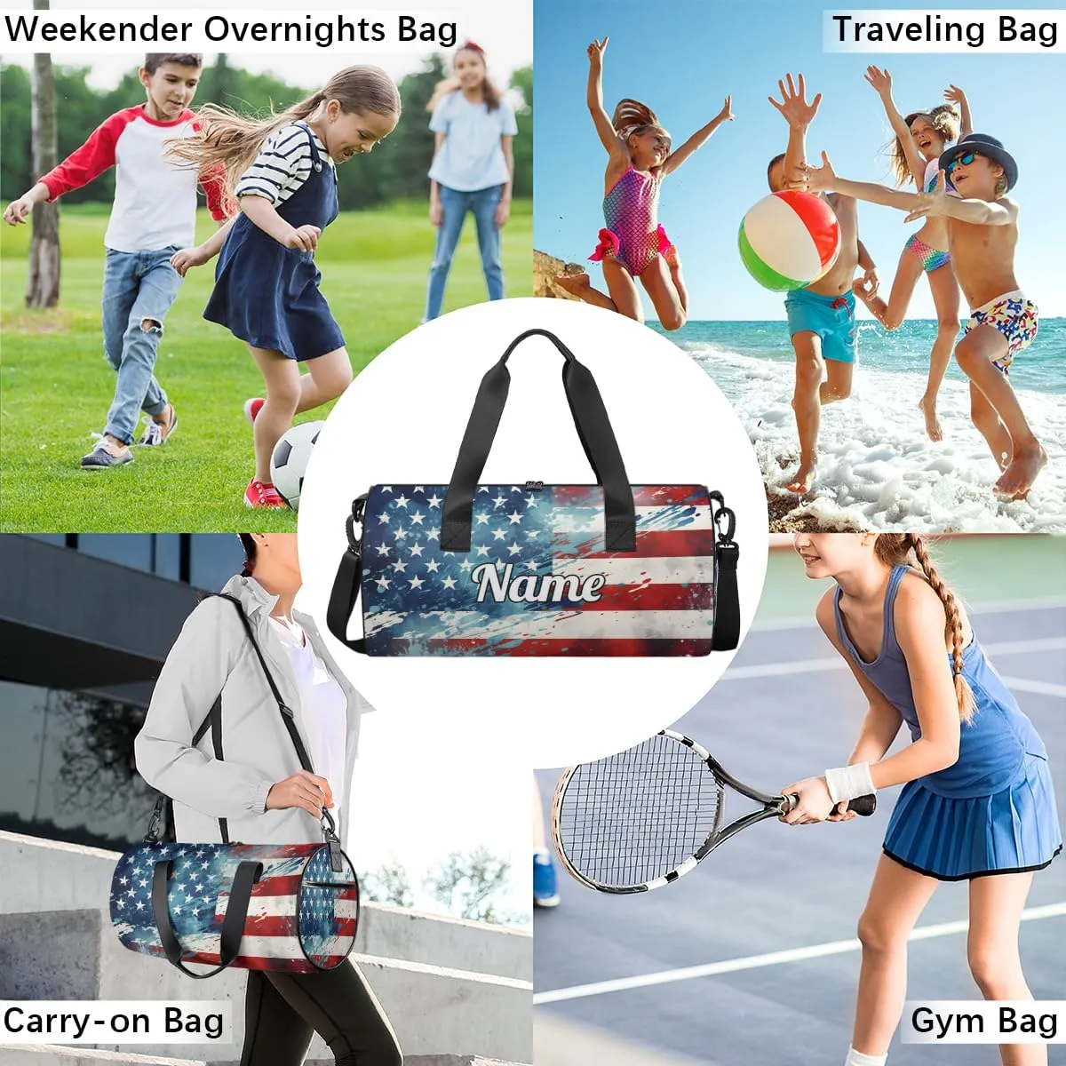 Personalized Sport Gym Bag Dance Duffle Ballet Bag Overnight Travel Sleepover Bags Swimming Hiking Camping, American Flag