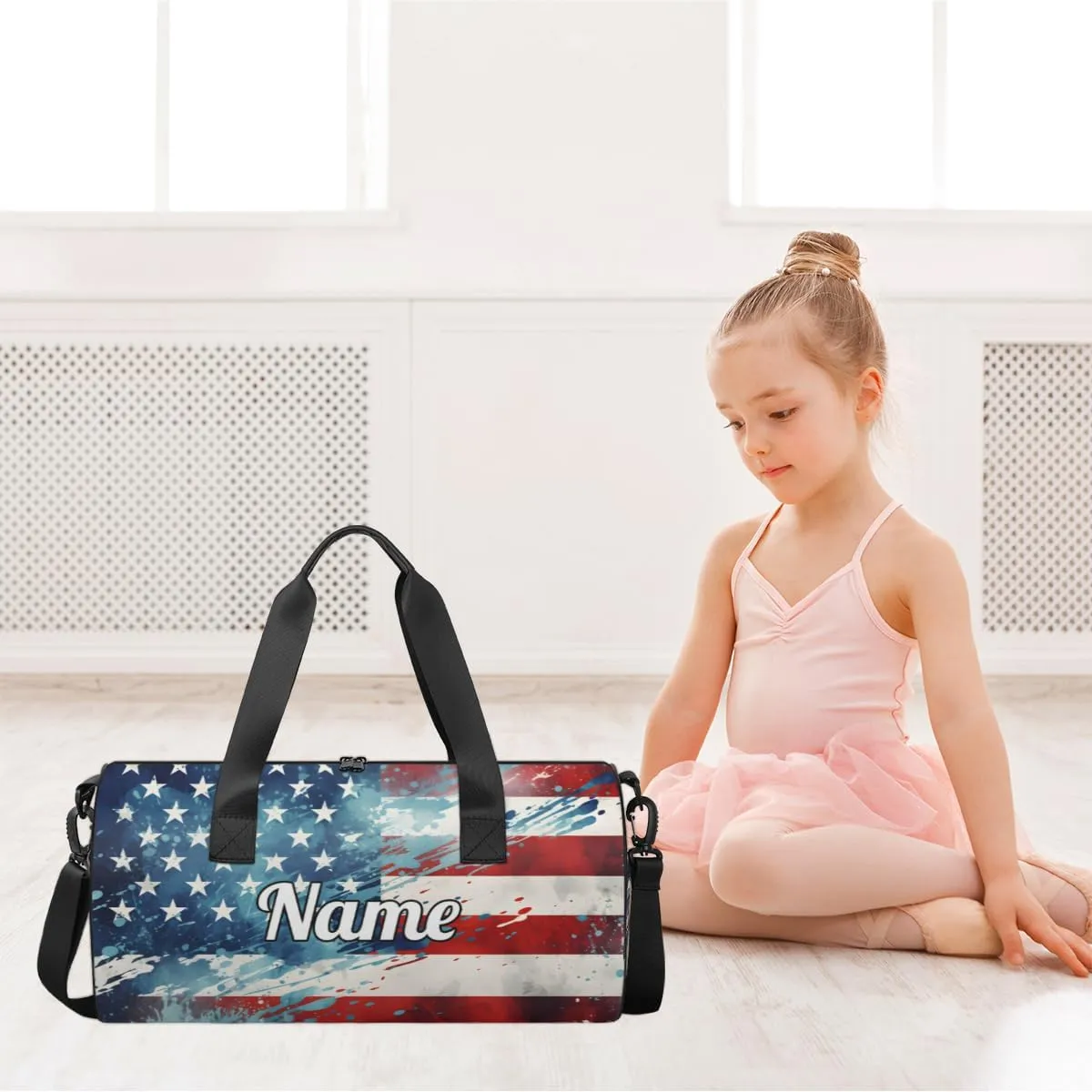 Personalized Sport Gym Bag Dance Duffle Ballet Bag Overnight Travel Sleepover Bags Swimming Hiking Camping, American Flag