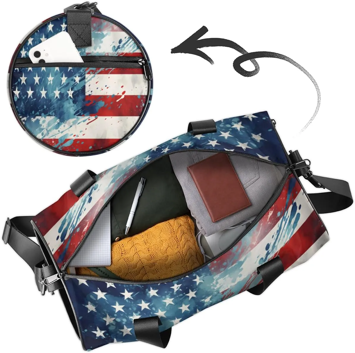 Personalized Sport Gym Bag Dance Duffle Ballet Bag Overnight Travel Sleepover Bags Swimming Hiking Camping, American Flag