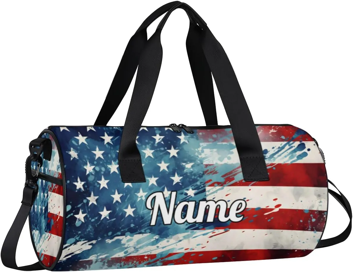 Personalized Sport Gym Bag Dance Duffle Ballet Bag Overnight Travel Sleepover Bags Swimming Hiking Camping, American Flag