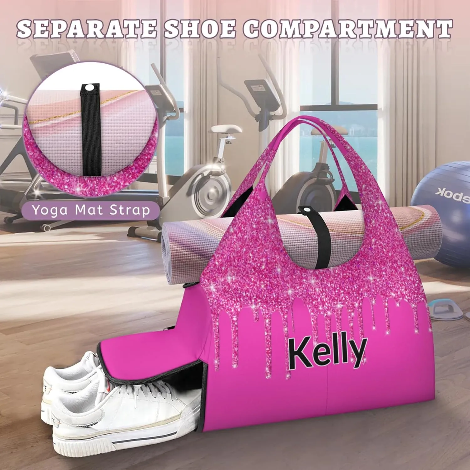 Personalized Yoga Mat Bag with Name Shoe Compartment, Water Fluid Glittering Travel Tote Sport Gym Duffel Bag