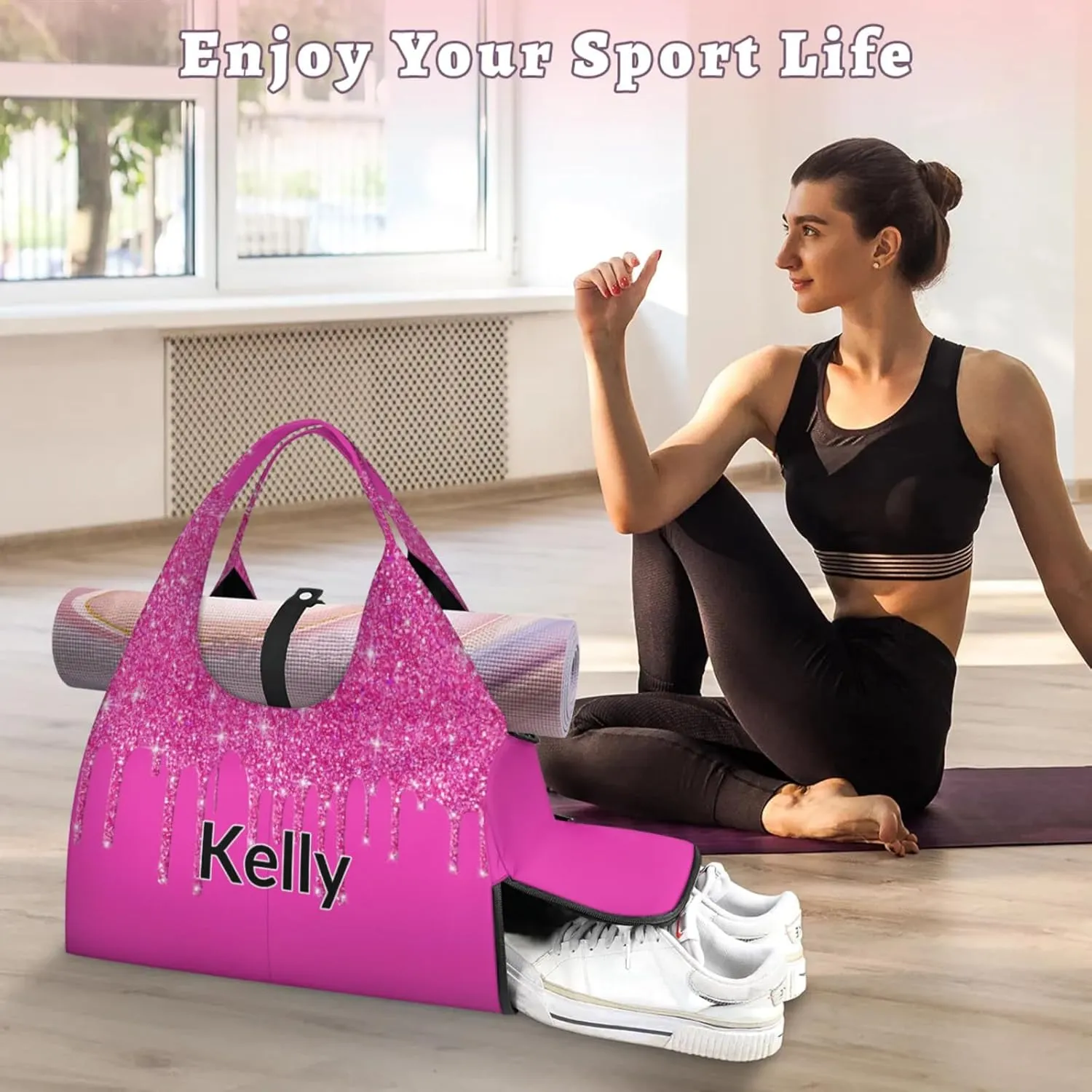 Personalized Yoga Mat Bag with Name Shoe Compartment, Water Fluid Glittering Travel Tote Sport Gym Duffel Bag