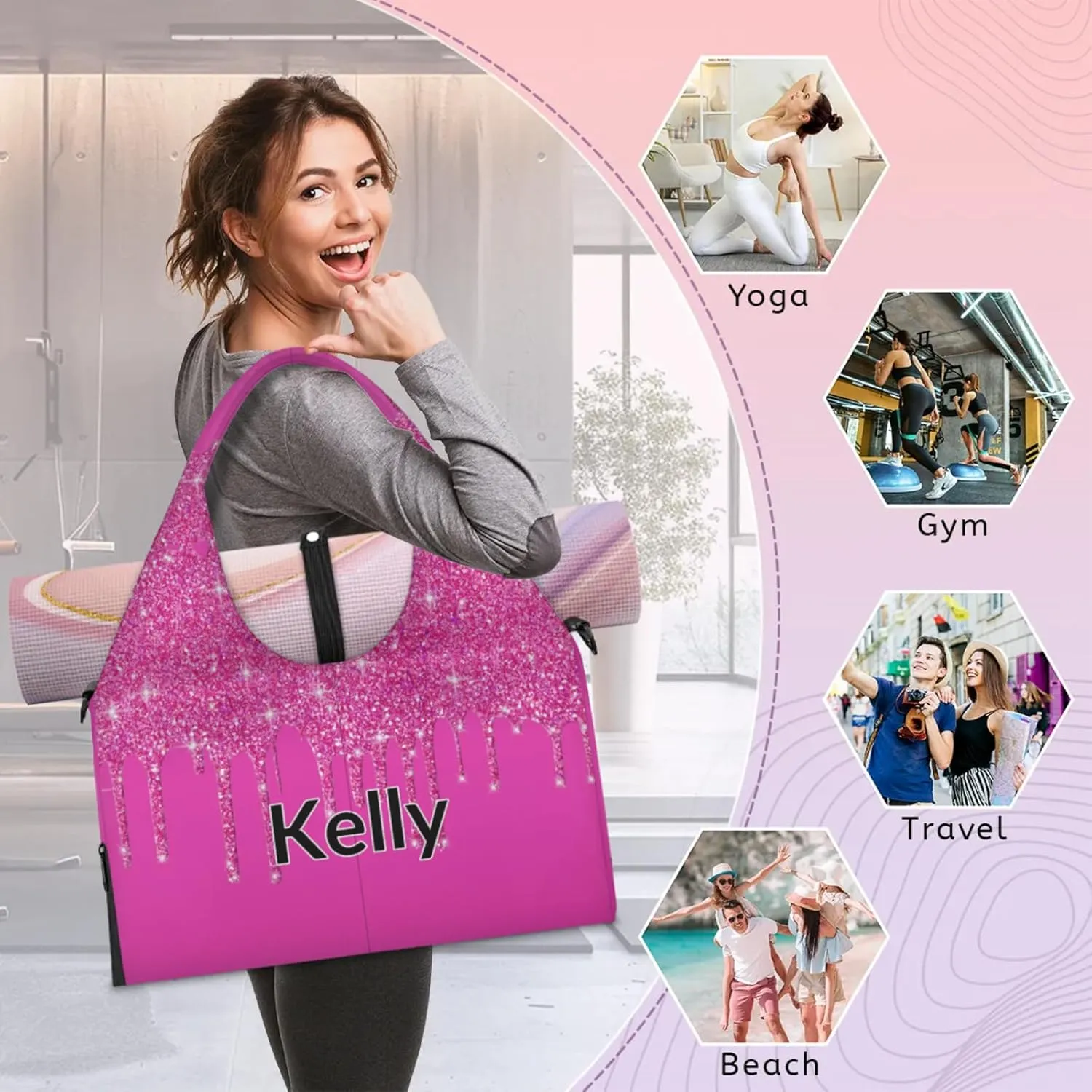 Personalized Yoga Mat Bag with Name Shoe Compartment, Water Fluid Glittering Travel Tote Sport Gym Duffel Bag