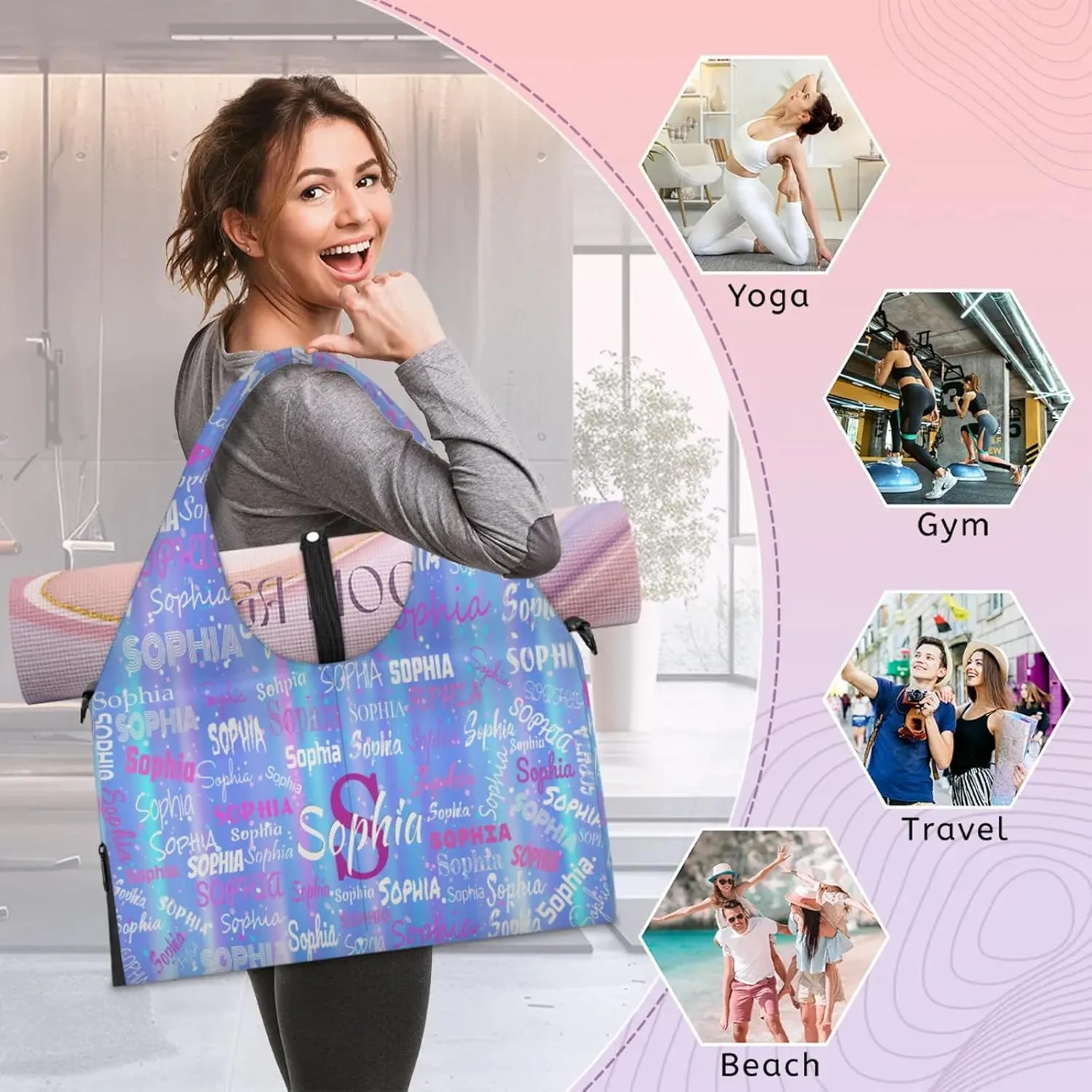 Personalized Yoga Mat Bag with Shoe Compartment, Initial Letter Name Travel Weekender Tote Sport Gym Duffel Bag