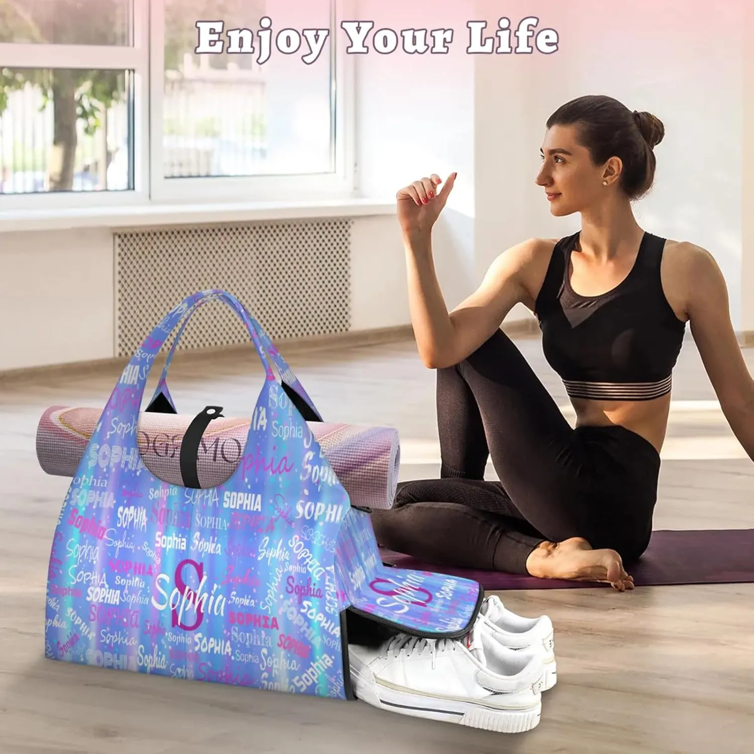 Personalized Yoga Mat Bag with Shoe Compartment, Initial Letter Name Travel Weekender Tote Sport Gym Duffel Bag