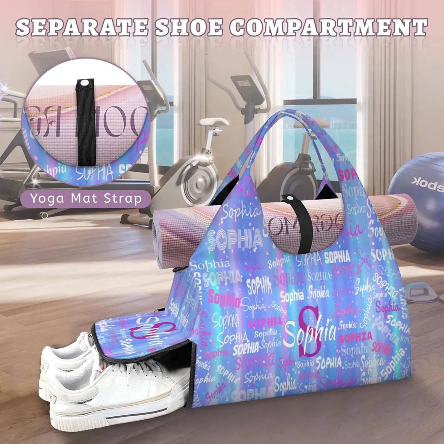 Personalized Yoga Mat Bag with Shoe Compartment, Initial Letter Name Travel Weekender Tote Sport Gym Duffel Bag
